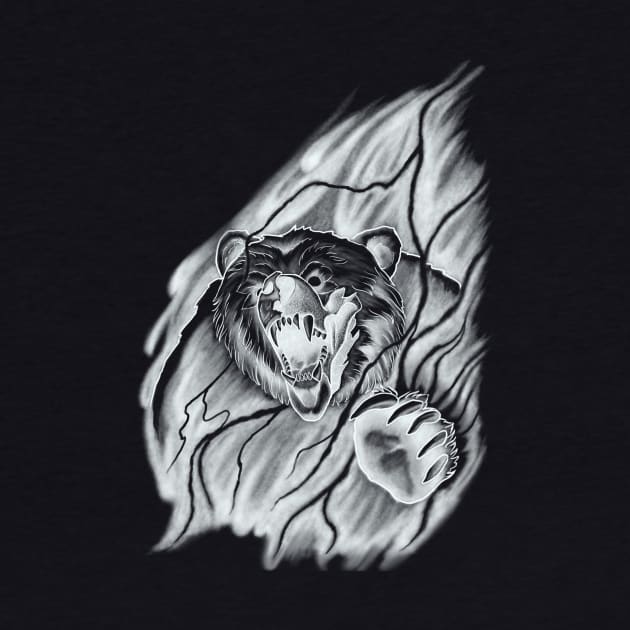 Roaring Bear breaking through the Mist in a Lightning Storm Tattoo Design by Tred85